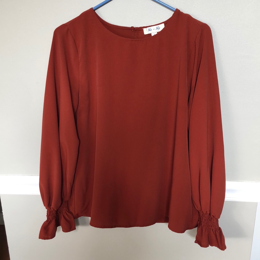 She+Sky Smocked Cuff Long Sleeve Blouse